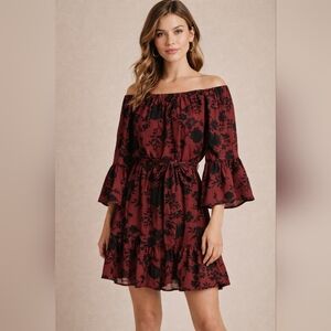 DEX Burgundy Black Roses Mini Dress Tiered Bell Sleeve Size Medium